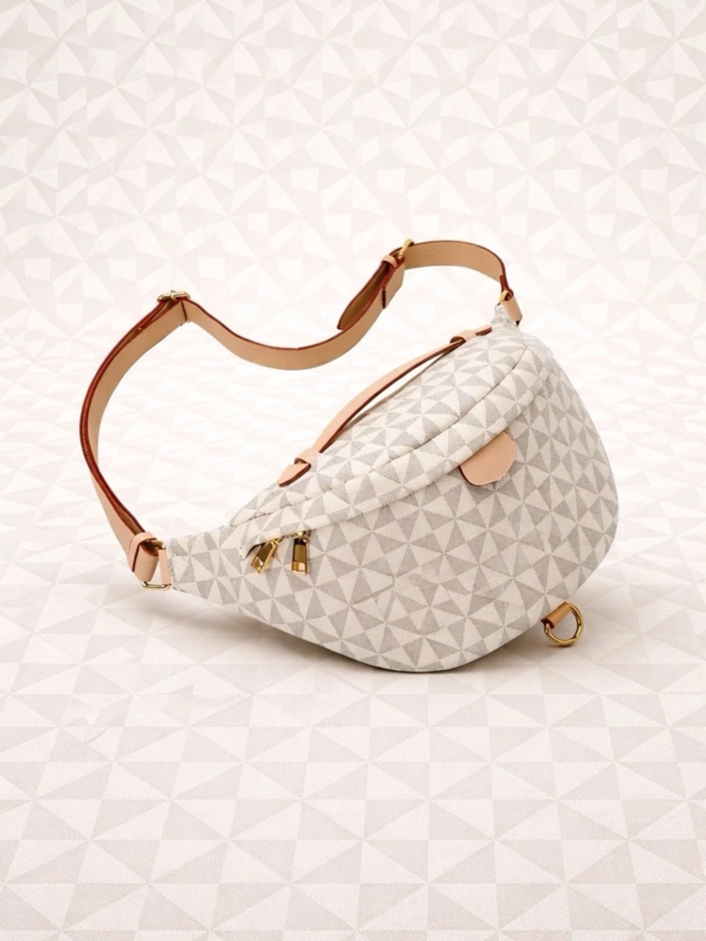 Elegant Geometric Crescent Shoulder Bag Neutral Canvas Gold Hardware